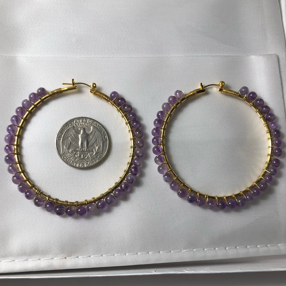 Amethysts Beads & Gold-Tone Finish Hoop  Earrings